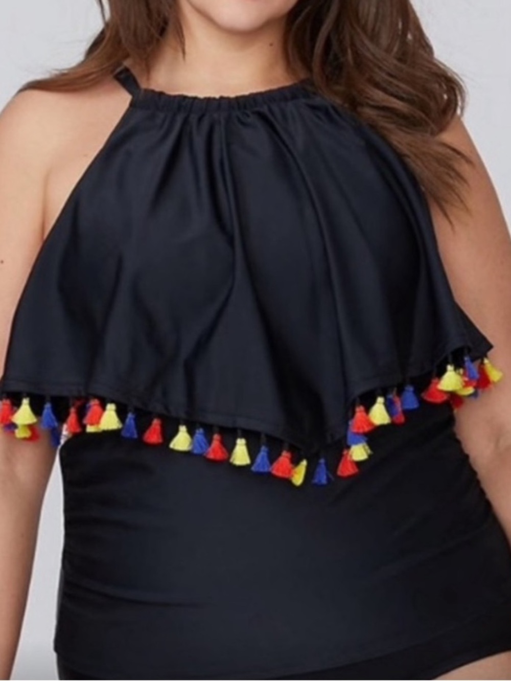 Tankini Swim Tank Top XL/1X Black Like New Tassel Multicolor Trim Boho Layered